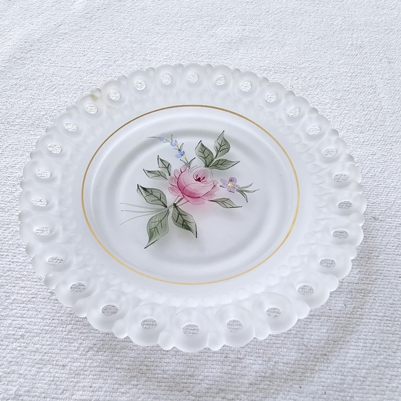 The Unbranded Brand Accessories - Handpainted Frosted Satin Glass Plate Rose Trinket Vanity Scalloped Cut Out